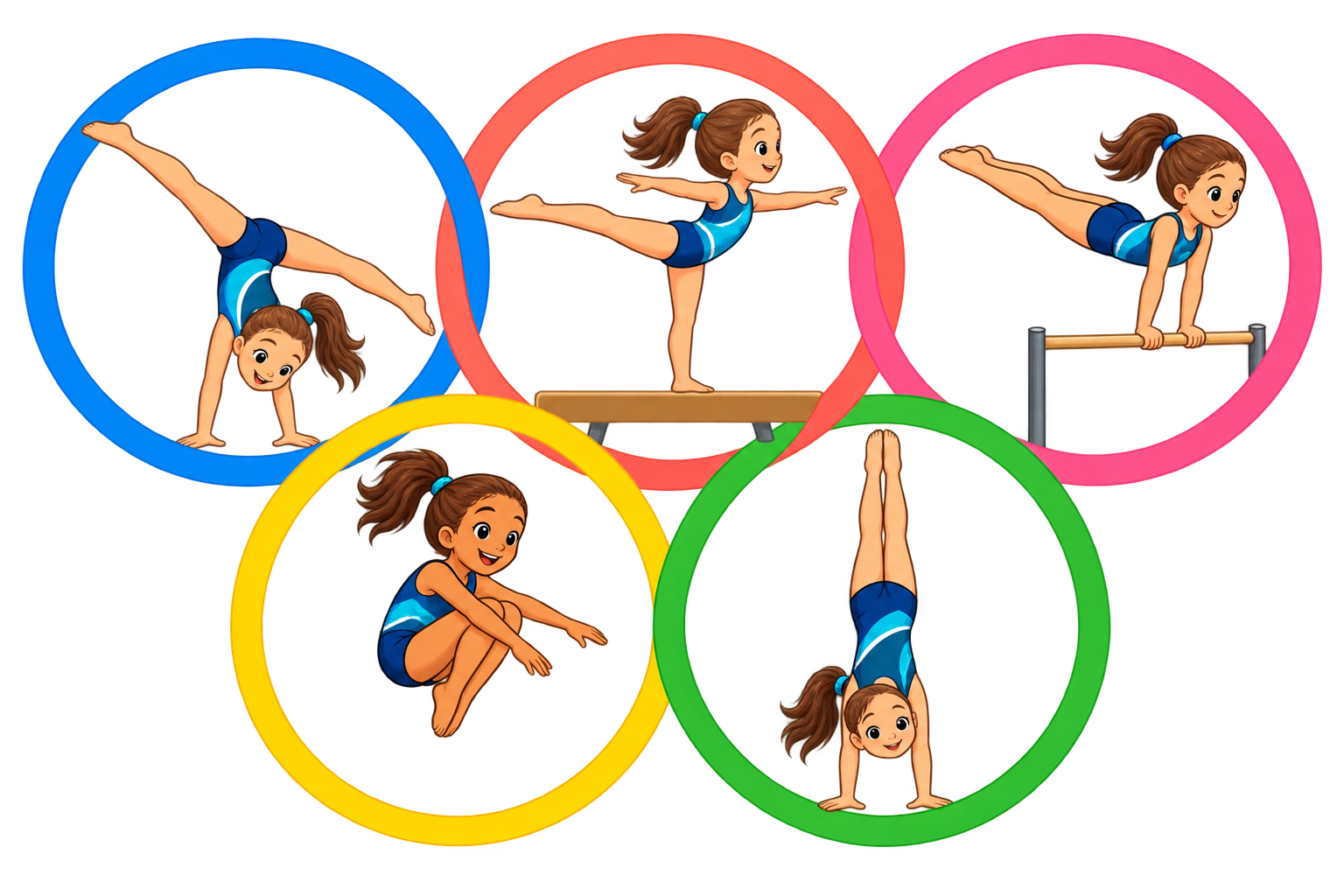 Cinq anneaux colorés avec des enfants gymnastes : roue, équilibre sur poutre, repoussé aux barres, saut groupé et ATR